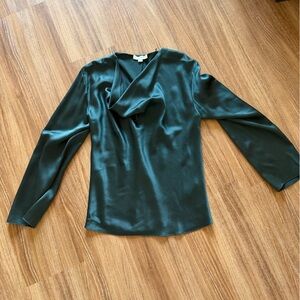Vince Emerald Silk Draped V-Neck Long Sleeve Blouse